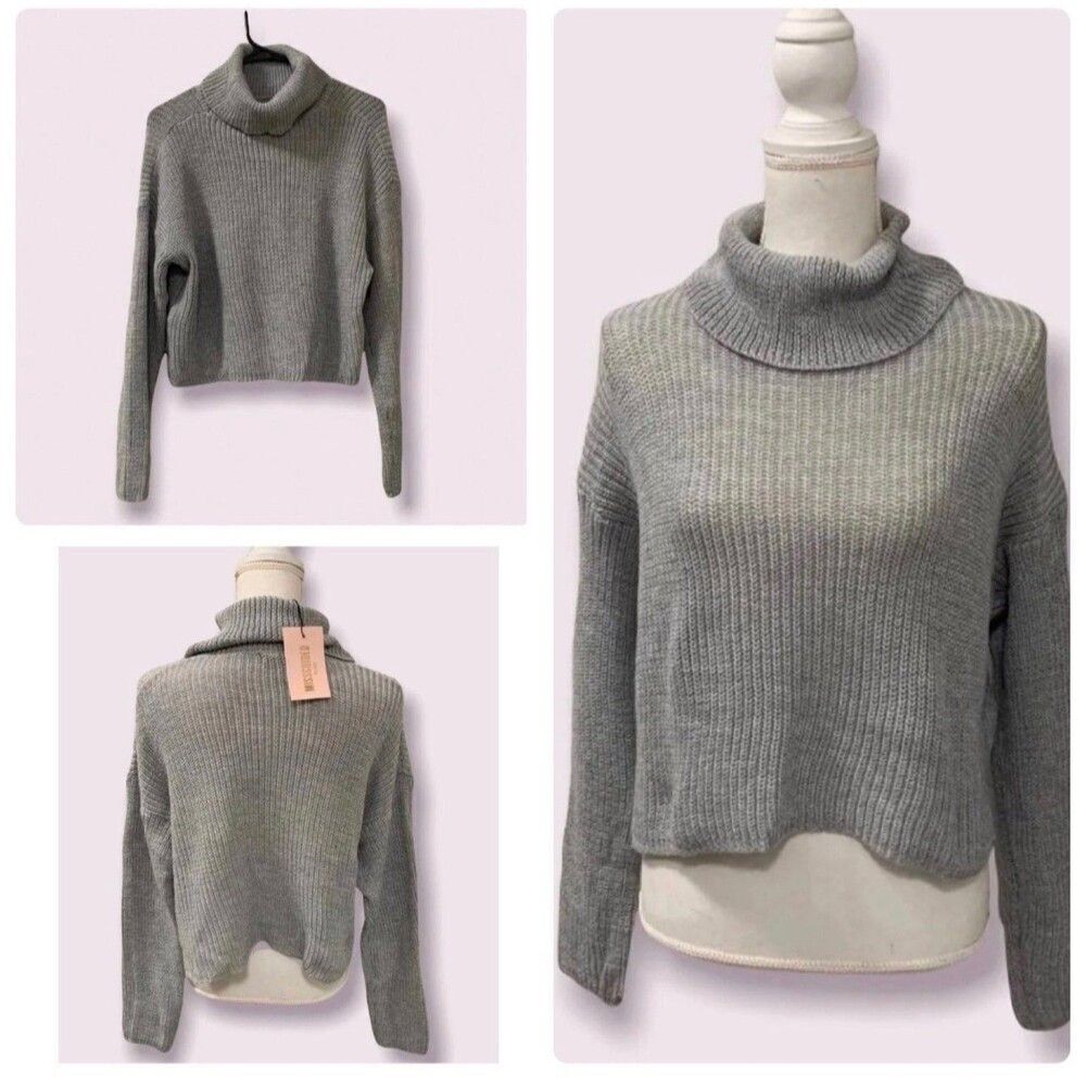 Missguided NWT Women Medium Grey Turtleneck Long Sleeve Knit Crop Top Sweater